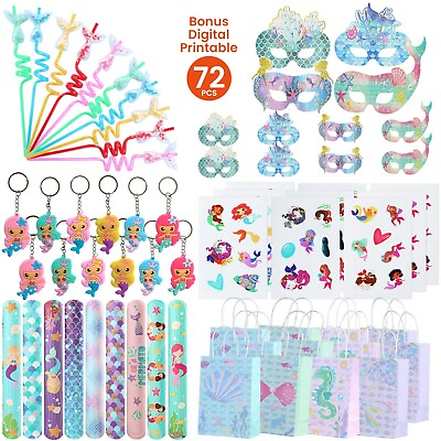 #ad 72 Pcs Mermaid Party Favors For Girl 12 Set Princess Wristband Keychain Mask $18.99