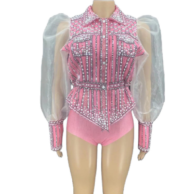 #ad Women Sexy Stage Costume Crystal Shirt Pant Cap Set Show Outfit Nightlub Costume $227.99