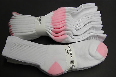 #ad 5 Pairs Cotton White WithPink H T Crew Socks 9 11 Women#x27;s Long Crew Socks Thick $13.98