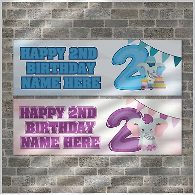 #ad 2 PERSONALISED ELEPHANT 2nd BIRTHDAY PARTY BANNERS PINK OR BLUE ANY NAME GBP 3.69