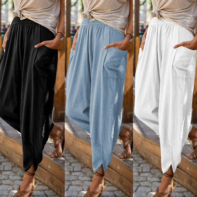 #ad Womens Casual Harem Pants Ladies Cotton Linen Summer Baggy Trousers $19.99