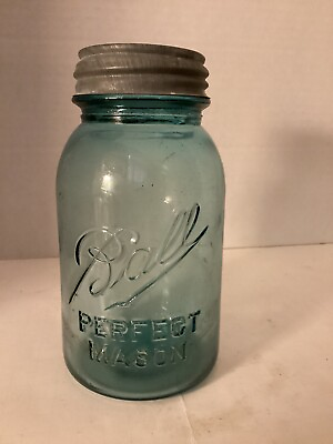 #ad BALL Blue Perfect Mason Jar Zinc Lid Quart #4 $9.99