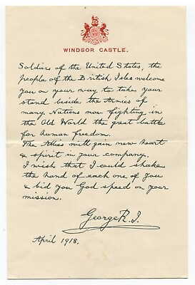 #ad 1918 King George Signed WWI Facsimile Letter Original Vintage $40.00
