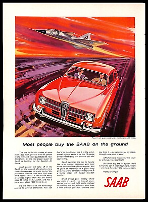 #ad 1965 SAAB Automobile Vintage PRINT AD Swedish Red Car Sunset Jet Fighter Art $11.99