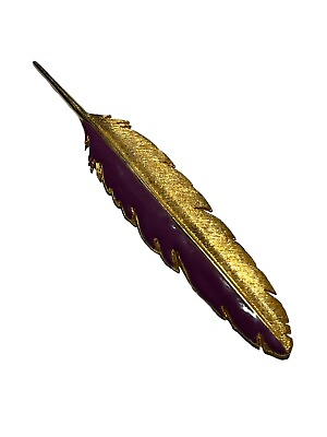 #ad Vtg Tancer II Purple Enamel Gold Toned Feather Brooch 5 3 8” Long $18.85