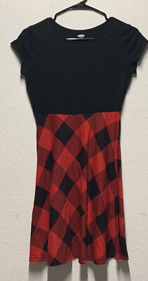 #ad Old Navy Girl’s Dress Short Sleeve Round Neck Red Black Checkers XL 14 16 $12.00