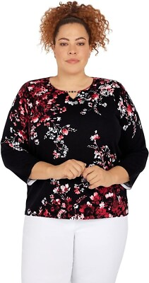 #ad Alfred Dunner Plus Size Flower Sweater Women#x27;s 2X Black Multi Crewneck Pullover $22.64