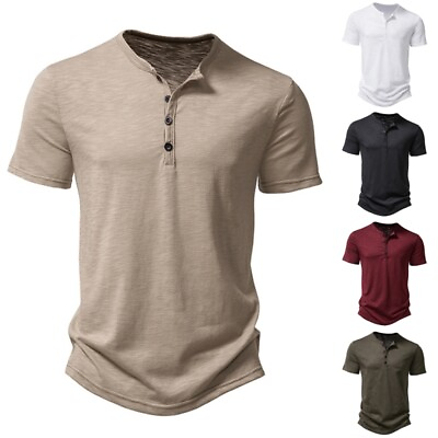 #ad Mens Plain Short Sleeve Henley T Shirt Summer Casual Pullover Loose Top Blouse $17.89