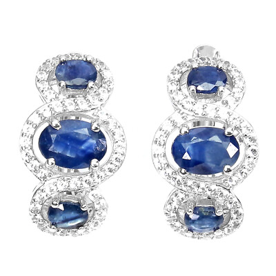 #ad Heated Oval Blue Sapphire Kanchanaburi 7x5mm White Topaz 925 Silver Earrings $69.50