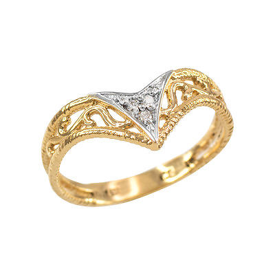 #ad Handcrafted Fine Women#x27;s 10k Yellow Gold Cutout Filigree Chevron Diamond Ring $155.99
