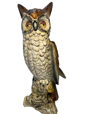 #ad Vintage Owl On Logs Ceramic Figurine 15” Tall $34.95