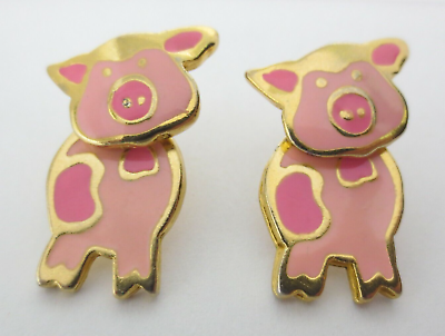 #ad Pink Pigs Enamel GT Earrings Head Body Swivel Farm Animal Pork Two Part Post Vtg $16.95