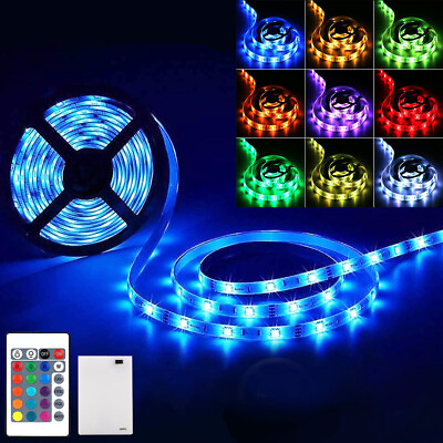#ad Battery Powered 5050 RGB LED Strip Light Flexible Color Changing Remote Control $14.59