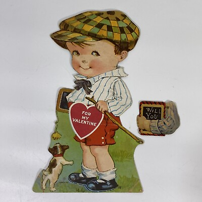 #ad Antique Litho Pre WWII Large Valentines Boy amp; Puppy “Will You” tag 11” USA $22.40