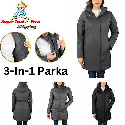 #ad Ladies 3 In 1 Parka Jacket Coat Hoodie Long Sleeve Waterproof Gray Black Women $26.79