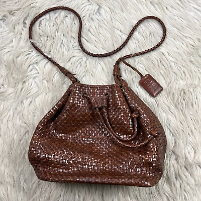 #ad Vintage 90#x27;s Nine West Brown Leather Woven Bucket Bag Drawstring $29.99