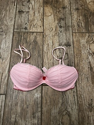 #ad Victorias Secret Bra 32c Padded Pink Red Lace Lined Demi Mesh Bra Valentines $15.00