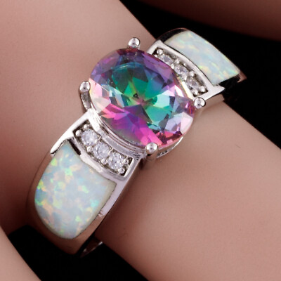 #ad White Fire Opal 7x9 Oval Rainbow Mystic Topaz Silver Jewelry Ring Size 7 8 9 $4.99
