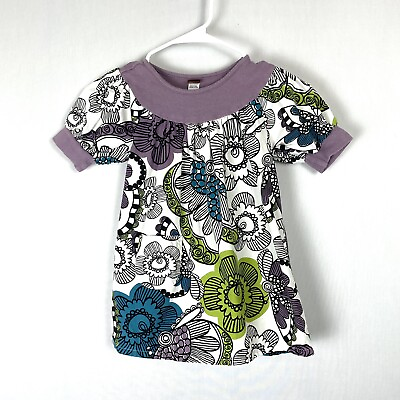 #ad TEA Little Girls Dress 4 Modern Floral Short Sleeve Purple White Black Green $14.99
