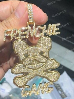 #ad Custom Round Cut Simulated Diamond quot;FRENCHIE GANGquot; Pendant 14K Yellow GoldPlated $318.19