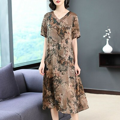 #ad Women Fashion V Neck Silk Loose Fit Short Sleeve Dress Knee Length Casual Gown L $36.37