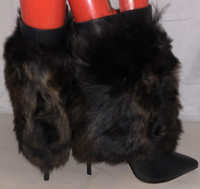 #ad 39 8.5❤️SERGIO ROSSI BLACK Leather Brown REAL Fur High Heel Mid Calf Boots ITALY $365.75