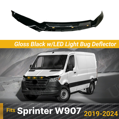 #ad Fits 2019 24 Mercedes Sprinter W907 Gloss Black Hood Stone Deflector w LED Light $139.99