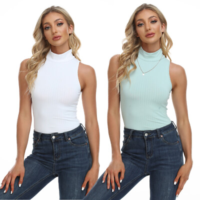 #ad Women Sleeveless Turtleneck Tank Top Stretch Mock Neck Fitted Solid Casual Basic $16.90