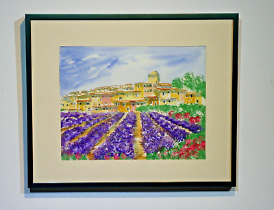 #ad original watercolor signed framed lavender field village Luberon Provence France $44.75