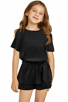 #ad Girls Romper Girls Size quot;Small 4Y 5Y quot; Black Keyhole Back Belted Peplum $12.95