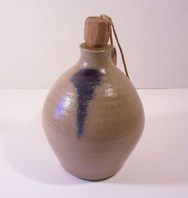 #ad Vtg E WANG Studio Art Pottery Jug Vase Tan Cobalt Blue Signed $24.95