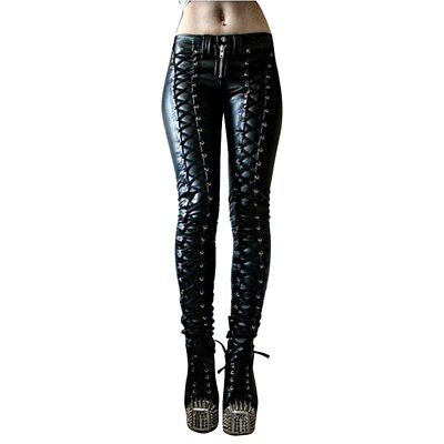 #ad Ladies Steampunk Bandage Slim Feet Pencil Trousers PU Leather Leggings Pants $47.27