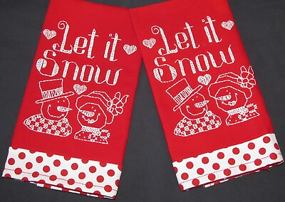#ad Christmas Winter Snowman Cotton Red Towel Pair Finished Hand Cross Stitched New $15.00