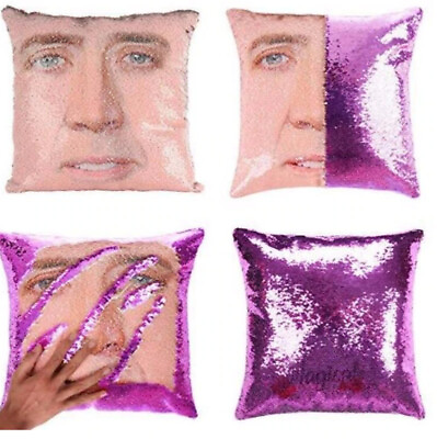 #ad New Nicholas Cage Cushion Color Changing Pillow Cover Sequins Shinny Reversible $17.77