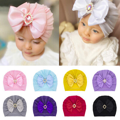 #ad Large Bow Gem Head Wrap Turban Hat Beanie Cap Newborn Infant Hat Skin friendly N AU $4.03