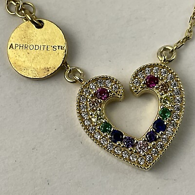 #ad NWOT Aphrodites Vermeil Gold Over Sterling Heart Pendant Necklace Gems Valentine $49.99