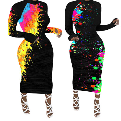 #ad NEW Women Stylish Long Sleeves Muliticolor Print Patchwork Bodycon Dress Club $22.63