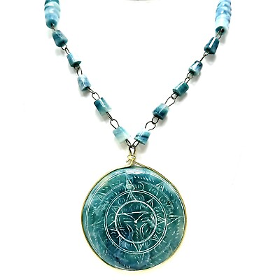 #ad Vintage Mexican Aztec Mayan Sun Aqua Quartz Stone Beaded Chain Pendant Necklace $32.44
