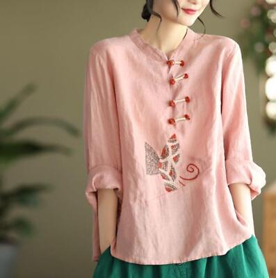 #ad Womens Ethnic Embroidered Shirt Top Long Sleeve Loose Hanfu Cotton Linen Blouse $30.60