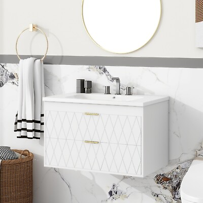 #ad 30#x27;#x27; Wall Mounted Bathroom Vanity with Resin Sink 2 Drawer Floating Cabinet $379.99