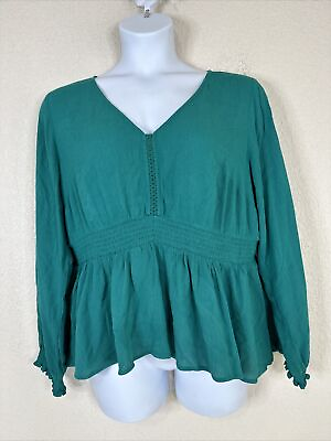 #ad Torrid Womens Plus Size 1 1X Green Gauze V neck Top Long Sleeve Cinched Waist $17.70