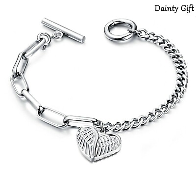 #ad Women Girl Titanium Stainless Steel Heart Love Wing Mixed Chain Bracelet 6.5quot; $14.50