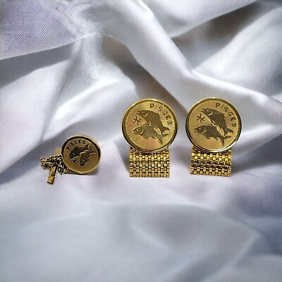 #ad Vintage Dante Pisces Zodiac Gold Toned Wrap Around Men#x27;s Cufflink amp; Lapel Pin $29.99