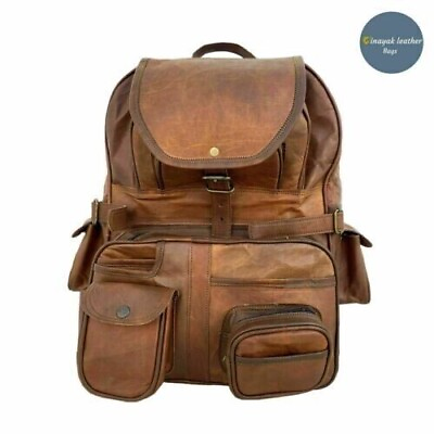 #ad Men#x27;s New Backpack Brown Shoulder Real Vintage Goat Leather Hiking Bag $83.60