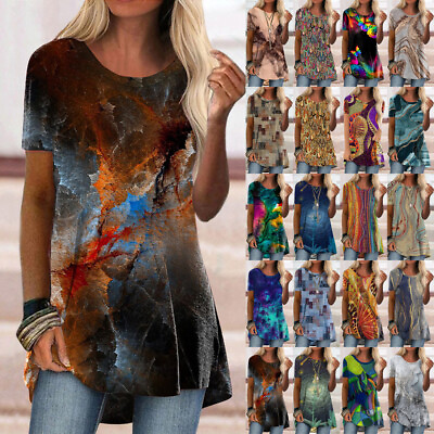 #ad Women Boho Floral Print Long Tops Tunic T Shirt Loose Short Sleeve Blouse LOTS $18.19