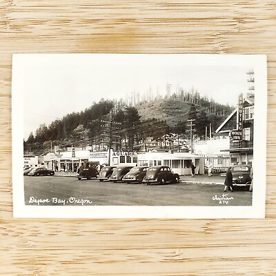 #ad Depoe Bay Oregon Aquarium RPPC Postcard 1940s Cafe Spouting Horn Inn Cars C2954 $21.95