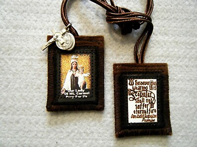 #ad Gold Our Lady of Mt. Carmel Brown Scapular 100%Wool Handmade in USA $8.90