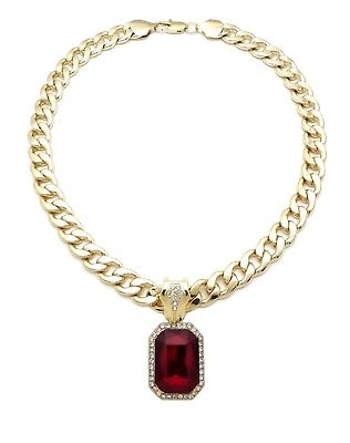 #ad SQUARE RUBY COLOR PENDANT WITH 11mm 20quot; CUBAN CHAIN $27.99