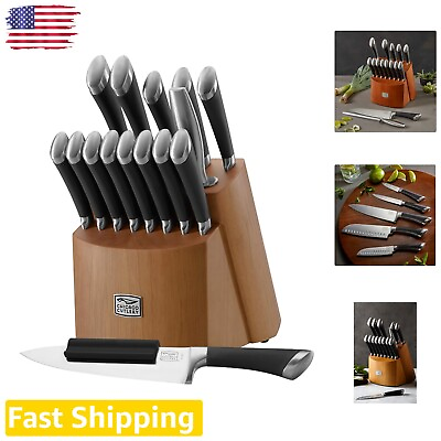 #ad Elegant 17 Piece Knife Set with Wooden Storage Block Asian Inspired Handles $257.99