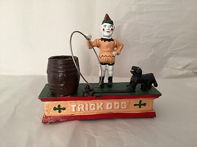 #ad Vintage Cast Iron Clown And Trick Dog With Hoop Bank Works Hoop Included $75.00